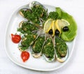 Oysters with lemon and tomatoes Royalty Free Stock Photo