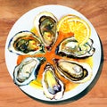 Oysters with lemon on white plate and wood table Royalty Free Stock Photo