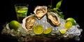 oysters with lime on ice bed isolated on dark background