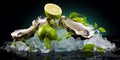 oysters with lime on ice bed isolated on dark background