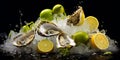 oysters with lime on ice bed isolated on dark background