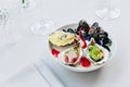 Oysters poached and served with lemon foam and caviar. The other smoked and served with ponzu granite. Royalty Free Stock Photo