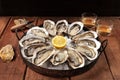 Oysters on a rustic table. A dozen of fresh oysters with lemons and wine Royalty Free Stock Photo