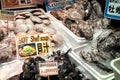 Oysters, scallops and shellfish on sale at a Japanese seafood market