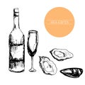 Oysters, seafood, alcohol glasses, bottle, menu, template