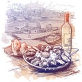 Oysters served on ice with a bottle of white wine and fresh bread. Panorama of the marina with boats on a background