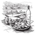 Oysters served on ice with a bottle of white wine and fresh bread. Panorama of the marina with boats on a background