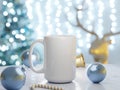 15 oz White Ceramic Mug Mock Up with Christmas Decorations Royalty Free Stock Photo