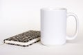 15 oz white ceramic mug mockup, white photo feminine style Royalty Free Stock Photo