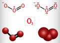 Ozone, O3, trioxygen, inorganic molecule. It is an allotrope of oxygen. Structural chemical formula and molecule model