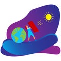 Ozone protection illustration. Flat design of the female character protects the earth with a shield. Design vector