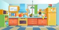 ÃÂ¡ozy colored kitchen interior with fridge, kitchen stove, cupboard dishes.