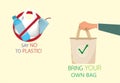 Hand holding bag withÃ¢â¬ÅBring your own bagÃ¢â¬Â word.