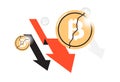 Cryptocurrency downward arrow and coin.