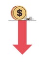 Dollar sign falling down and financial crisis bankruptcy with downward red arrow recession concept. Royalty Free Stock Photo