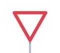 Yield triangle sign and road traffic coordination symbol on white background.