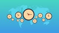 Clocks different cities time management deadline and world map background concept.