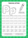 Trace letters of English alphabet and fill colors Uppercase and lowercase P. Handwriting practice for preschool kids worksheet. Royalty Free Stock Photo