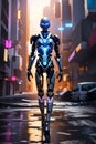 3D rendering of a female robot walking on the street in the abandoned city Royalty Free Stock Photo