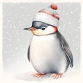 Cute penguin in winter hat on snowy background painted in watercolor Royalty Free Stock Photo