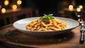 Yummy pasta in white plate on a wooden table against bokeh lights background