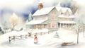 Winter landscape with a wooden house in the snow, a girl and a boy on a walk in the village painted in watercolor Royalty Free Stock Photo