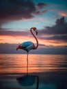 Flamingo lonely in the tranquil lake at beautiful sunset background