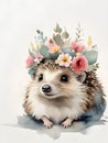 Cute little hedgehog wearing a floral crown on its head painted in watercolor