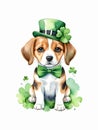 Watercolor painting of cute beagle dog in leprechaun hat, green bow tie and clover leaves isolated on white background Royalty Free Stock Photo