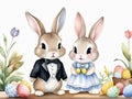 Easter bunny couple in tuxedos and dresses with colourful eggs and flower painted in watercolor