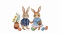 Easter bunnies couple with easter eggs and flowers Royalty Free Stock Photo