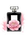 Perfume bottle with pink peony flower on watercolor splashes background Royalty Free Stock Photo