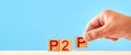 p2p concept. man stacks wooden blocks with the inscription p2p. Royalty Free Stock Photo