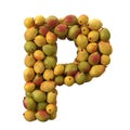 P letter filled by pears. realistic 3d illustration