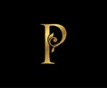 P Letter Floral Gold logo. Classy drawn emblem for book design, weeding card, brand name, business card, Restaurant, Boutique,