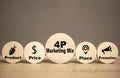 4P Marketing Mix icon on a round wooden plate placed on a table. Concepts about integrated marketing. Product, Price, Place and