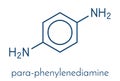 p-Phenylenediamine PPD hair dye molecule. Also precursor in polymer synthesis. Known contact allergen, possibly carcinogenic..