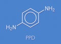 p-Phenylenediamine PPD hair dye molecule. Also precursor in polymer synthesis. Known contact allergen, possibly carcinogenic..