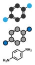 p-Phenylenediamine (PPD) hair dye molecule. Also precursor in polymer synthesis. Known contact allergen, possibly carcinogenic