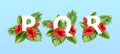 P Q R Letters Surrounded By Summer Tropical Leaves And Red Hibiscus Flowers. Tropical Font For Summer Decoration. Vector