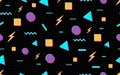 90\'s trendy graph seamless pattern vintage retro style colorful geometric shape texture dark black background decorative
