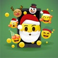 Christmas emoticons in front of a gree background. Holiday set of Christmas emojis. 3d style vector.