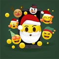 Christmas emoticons in front of a gree background. Holiday set of Christmas emojis.