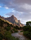 Pa'rus Trail view of Watchman mountain. Sunset lits up the peak of Zion National Park Royalty Free Stock Photo