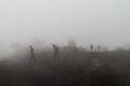 PACAYA, GUATEMALA - MAR 28, 2016: Tourists visiting the Pacaya volcano in the mist, Guatema