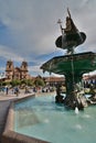 Pachacuti statue fountain. Plaza de Armas. Cusco. Peru