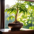 Pachira macrocarpa potted plant sunlight image generative AI Royalty Free Stock Photo
