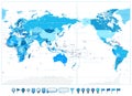 Pacific Centered World Map In Colors of Blue and glossy map icons Royalty Free Stock Photo