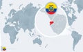Pacific Centered World map with magnified Ecuador. Flag and map of Ecuador Royalty Free Stock Photo