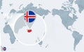 Pacific Centered World map with magnified Iceland. Flag and map of Iceland